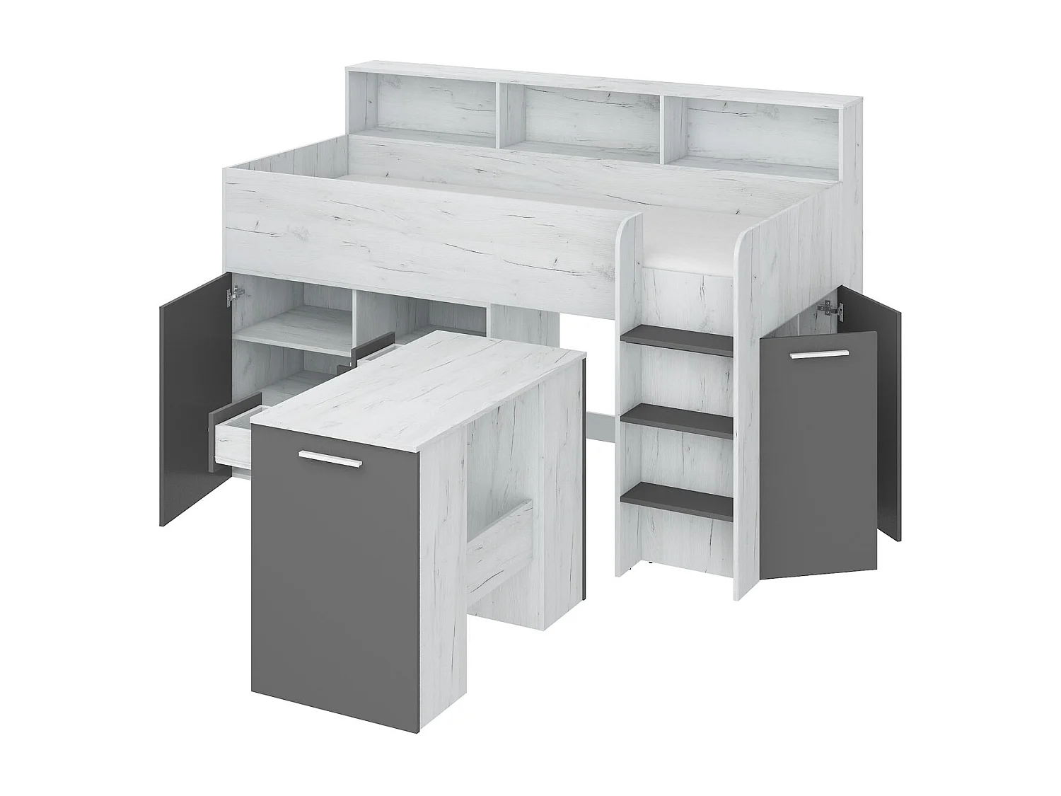 NEO P Etagenbett mit Schreibtisch, Schubladen und Regalen – weiß/graphit, modernes Möbelstück für Kinderzimmer, sichere Leiter, Schlafbereich 80x200 cm