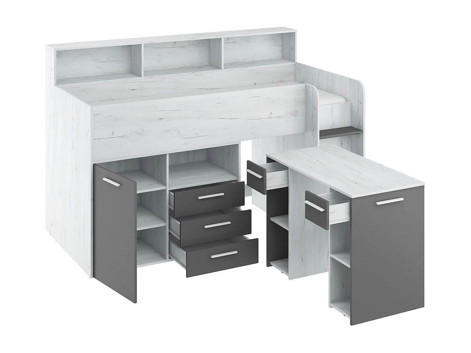 NEO P Etagenbett mit Schreibtisch, Schubladen und Regalen – weiß/graphit, modernes Möbelstück für Kinderzimmer, sichere Leiter, Schlafbereich 80x200 cm