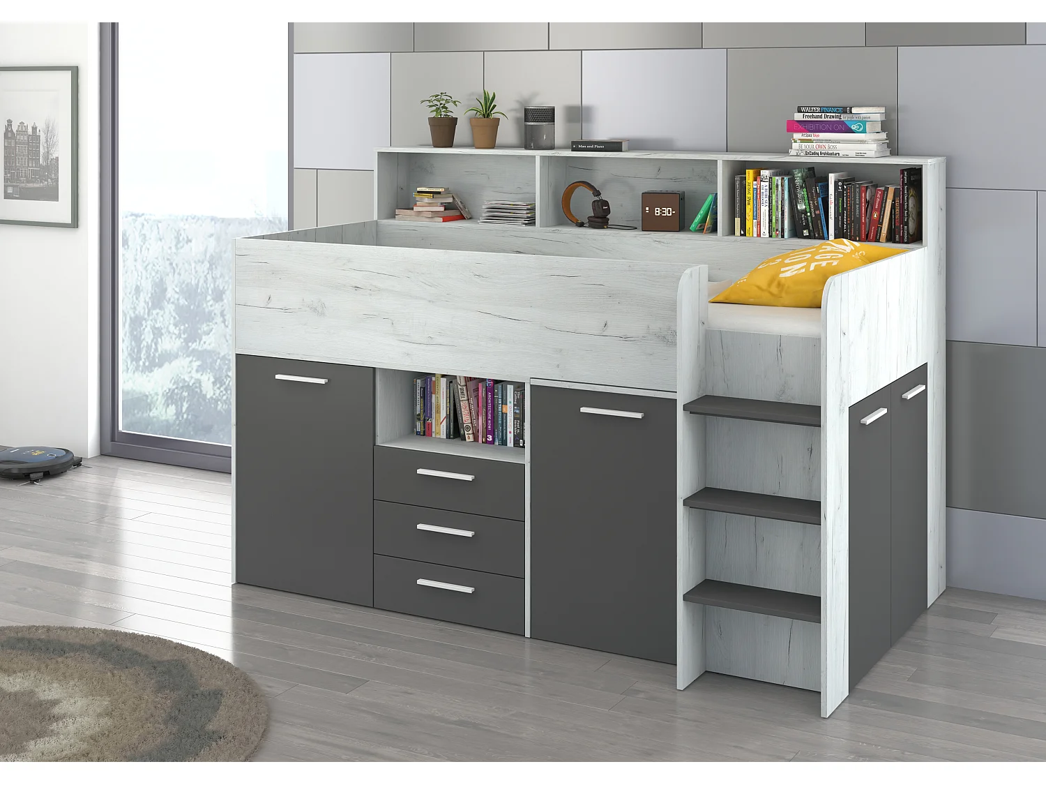 NEO P Etagenbett mit Schreibtisch, Schubladen und Regalen – weiß/graphit, modernes Möbelstück für Kinderzimmer, sichere Leiter, Schlafbereich 80x200 cm