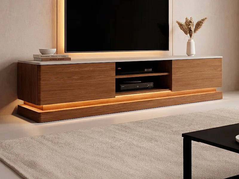 Meuble TV 2 tiroirs et 2 niches avec LEDs en MDF - Naturel foncé et beige - DEVIKA de Pascal MORABITO