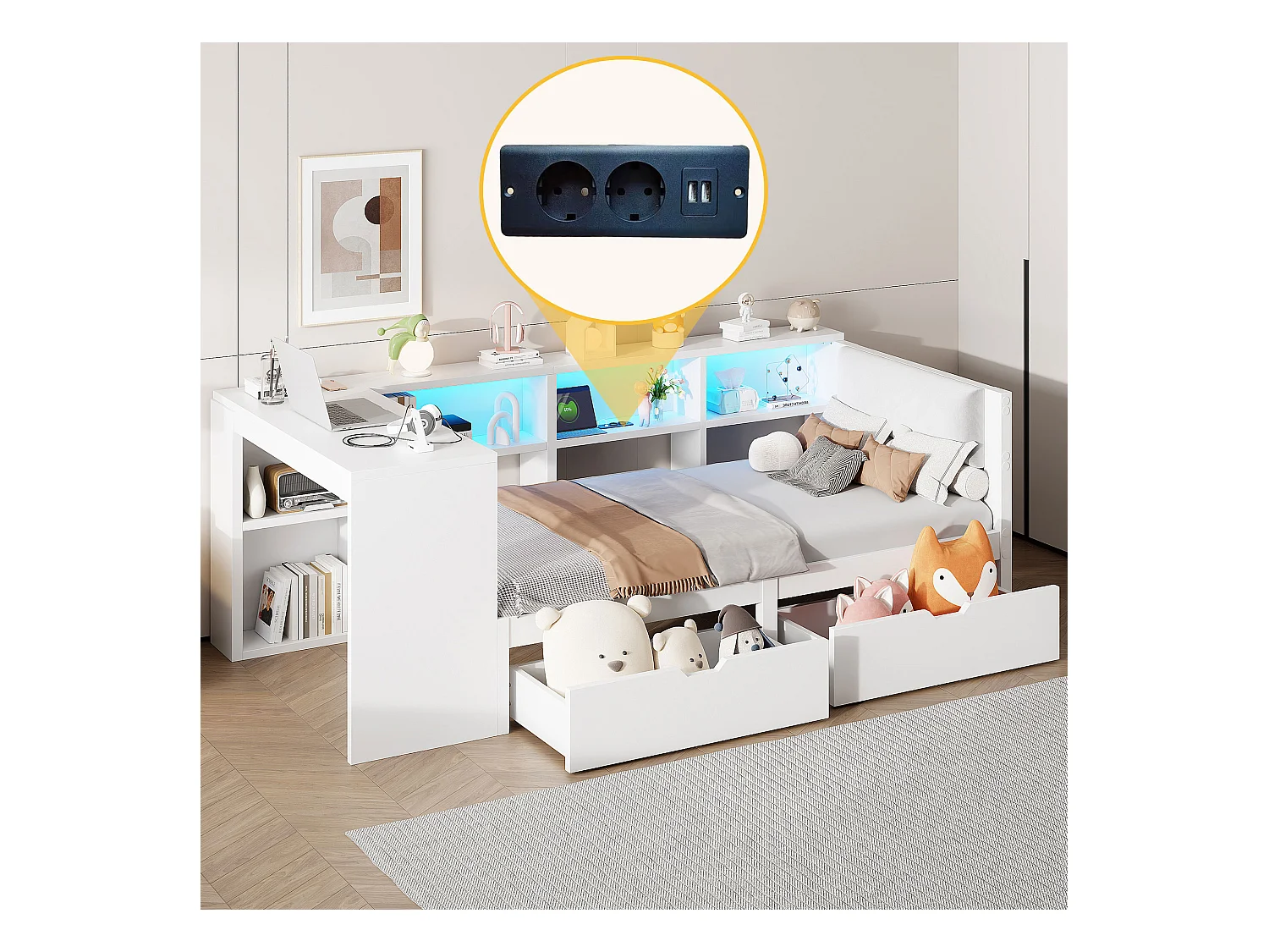 Lit combiné pour enfant - 90 x 200 - avec étagères de rangement + 2 tiroirs + Leds + table - MDF - blanc