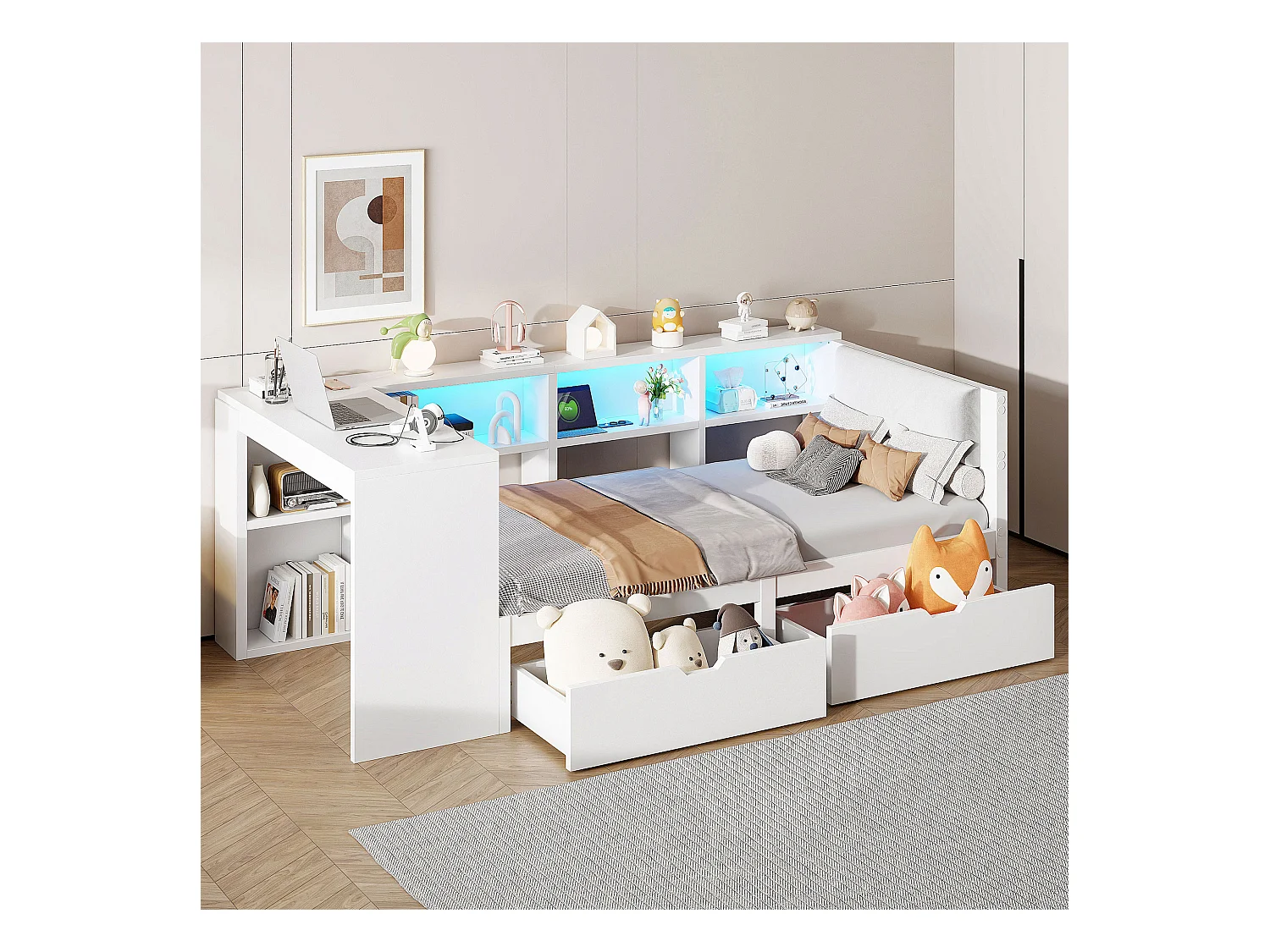 Lit combiné pour enfant - 90 x 200 - avec étagères de rangement + 2 tiroirs + Leds + table - MDF - blanc