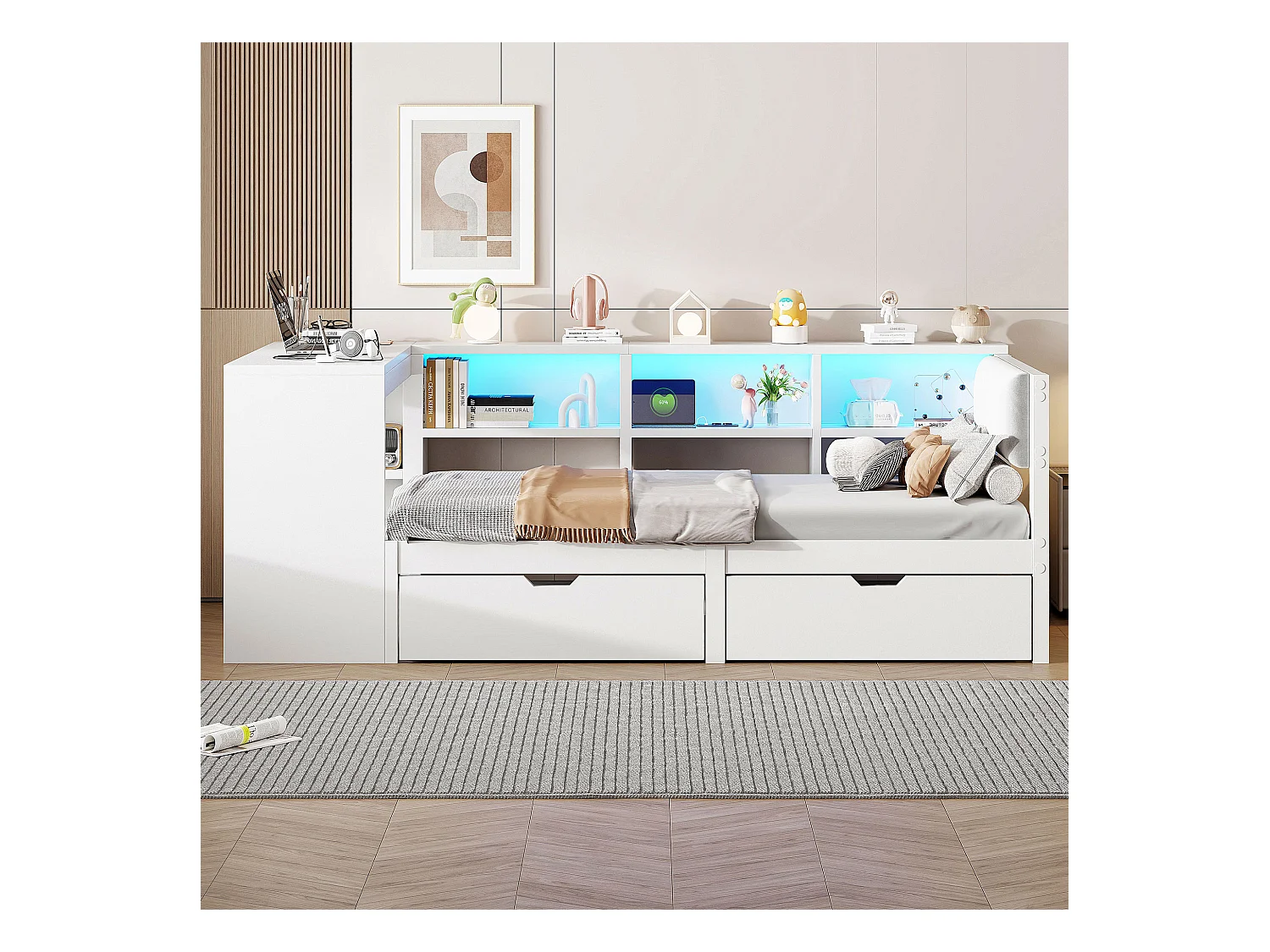 Lit combiné pour enfant - 90 x 200 - avec étagères de rangement + 2 tiroirs + Leds + table - MDF - blanc