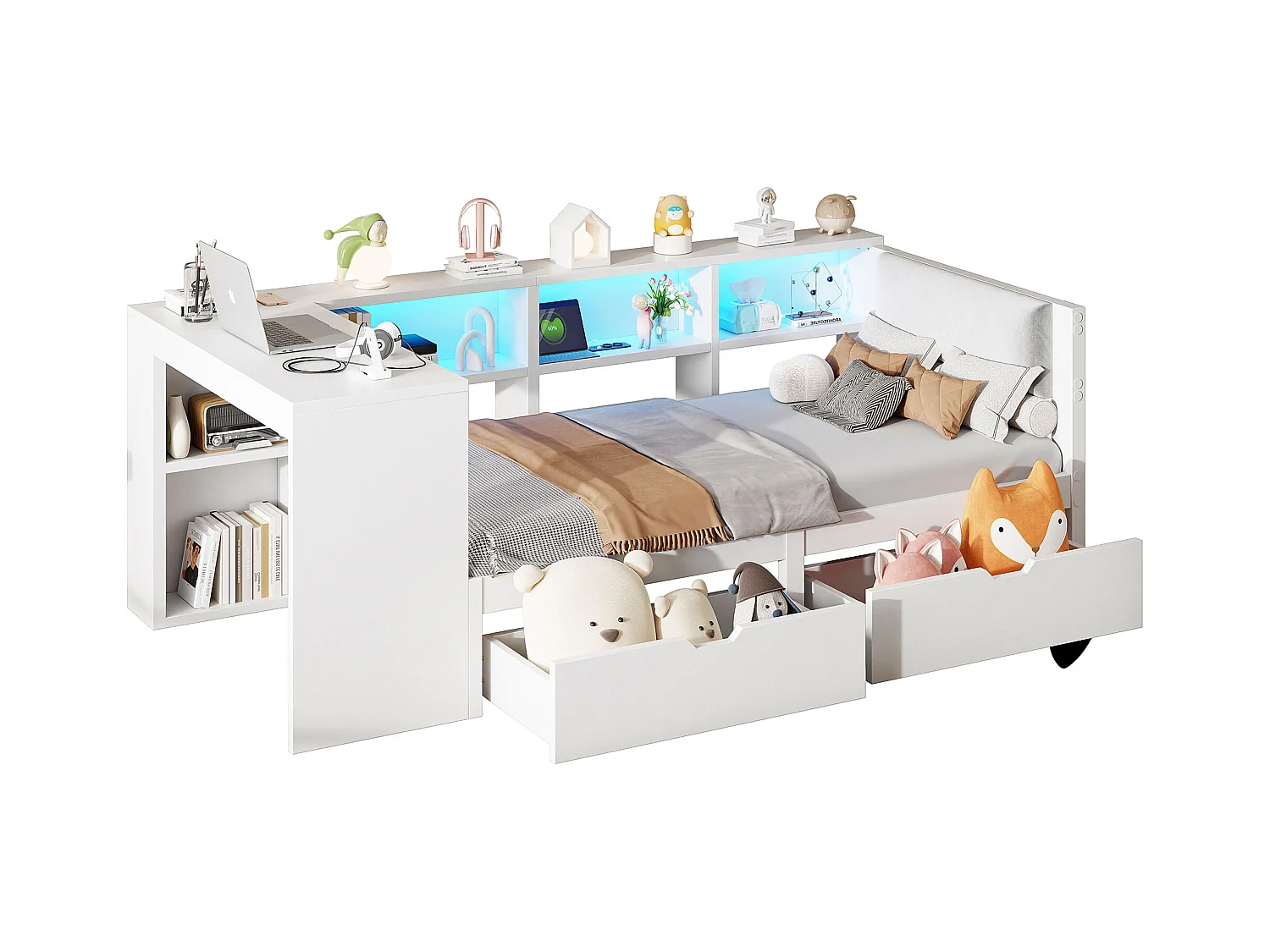 Lit combiné pour enfant - 90 x 200 - avec étagères de rangement + 2 tiroirs + Leds + table - MDF - blanc
