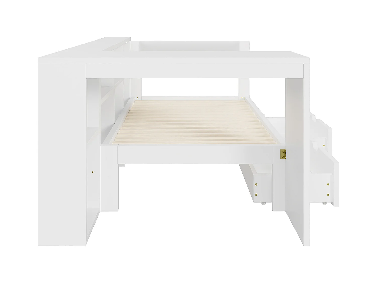 Lit combiné pour enfant - 90 x 200 - avec étagères de rangement + 2 tiroirs + Leds + table - MDF - blanc
