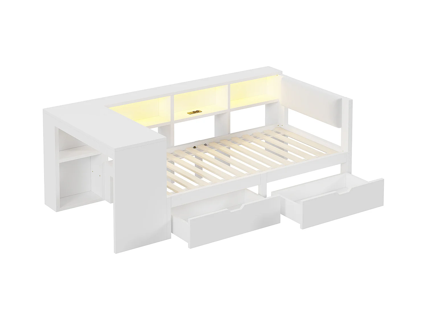 Lit combiné pour enfant - 90 x 200 - avec étagères de rangement + 2 tiroirs + Leds + table - MDF - blanc