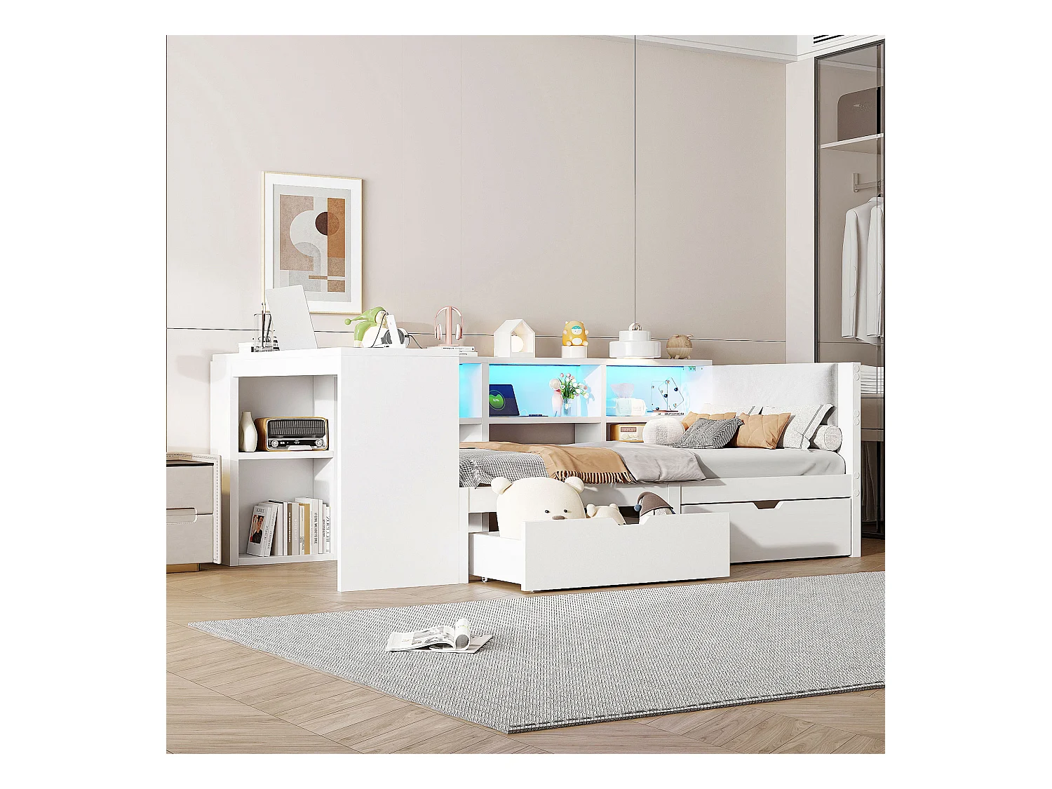 Lit combiné pour enfant - 90 x 200 - avec étagères de rangement + 2 tiroirs + Leds + table - MDF - blanc