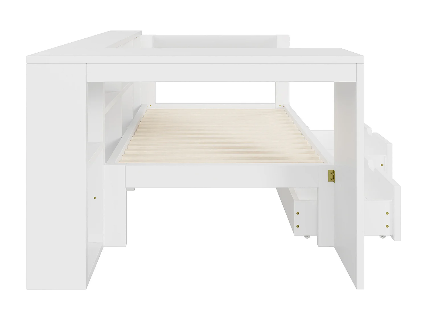 Kinder-Kombibett - 90 x 200 - mit Stauraumregalen + 2 Schubladen + LEDs + Tisch - MDF - weiß