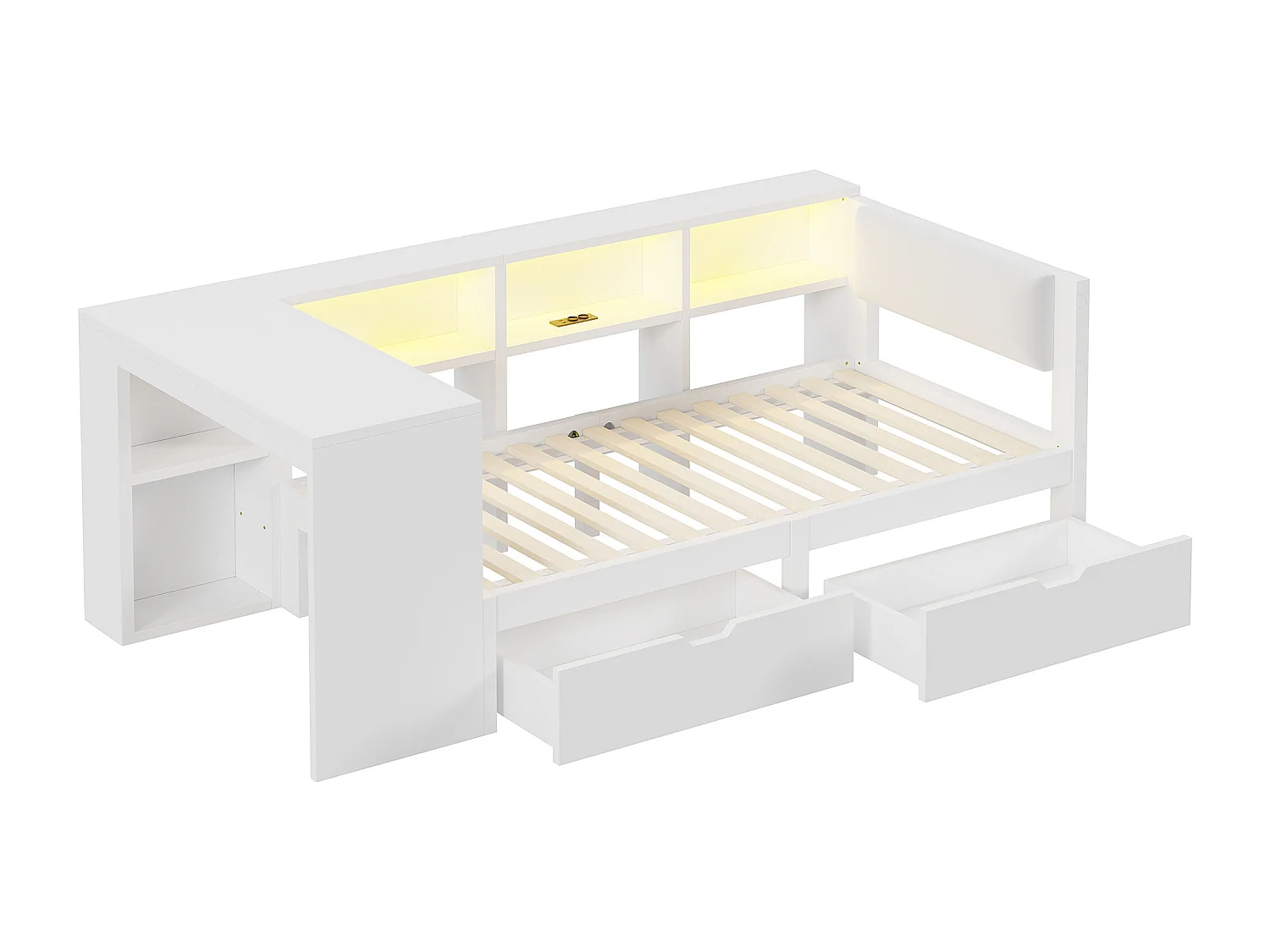 Kinder-Kombibett - 90 x 200 - mit Stauraumregalen + 2 Schubladen + LEDs + Tisch - MDF - weiß