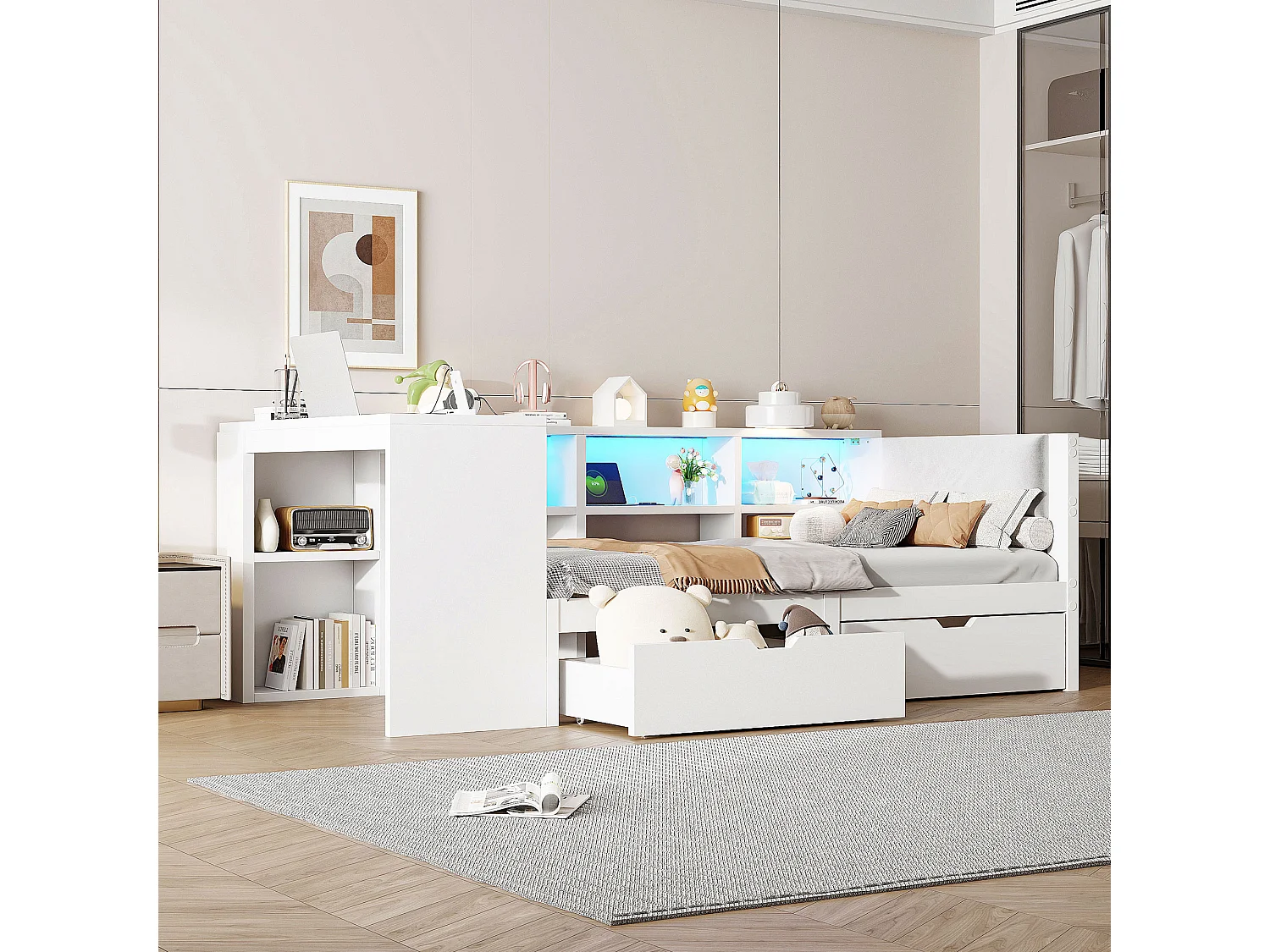 Kinder-Kombibett - 90 x 200 - mit Stauraumregalen + 2 Schubladen + LEDs + Tisch - MDF - weiß