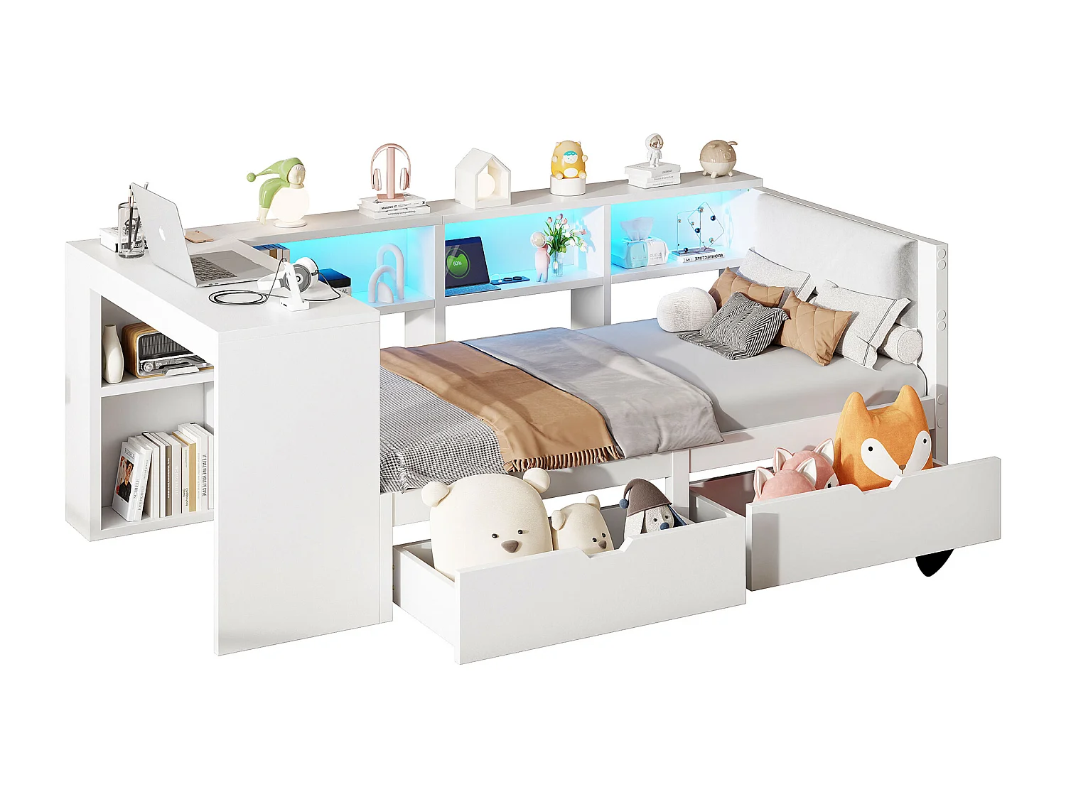 Kinder-Kombibett - 90 x 200 - mit Stauraumregalen + 2 Schubladen + LEDs + Tisch - MDF - weiß