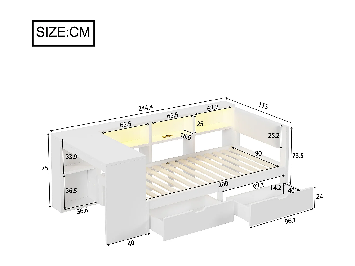 Kinder-Kombibett - 90 x 200 - mit Stauraumregalen + 2 Schubladen + LEDs + Tisch - MDF - weiß