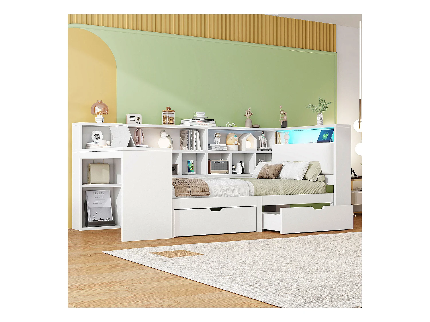 Lit combiné pour enfant - 90 x 200 - avec bureau + bibliothèque + 2 tiroirs + Leds - MDF - blanc