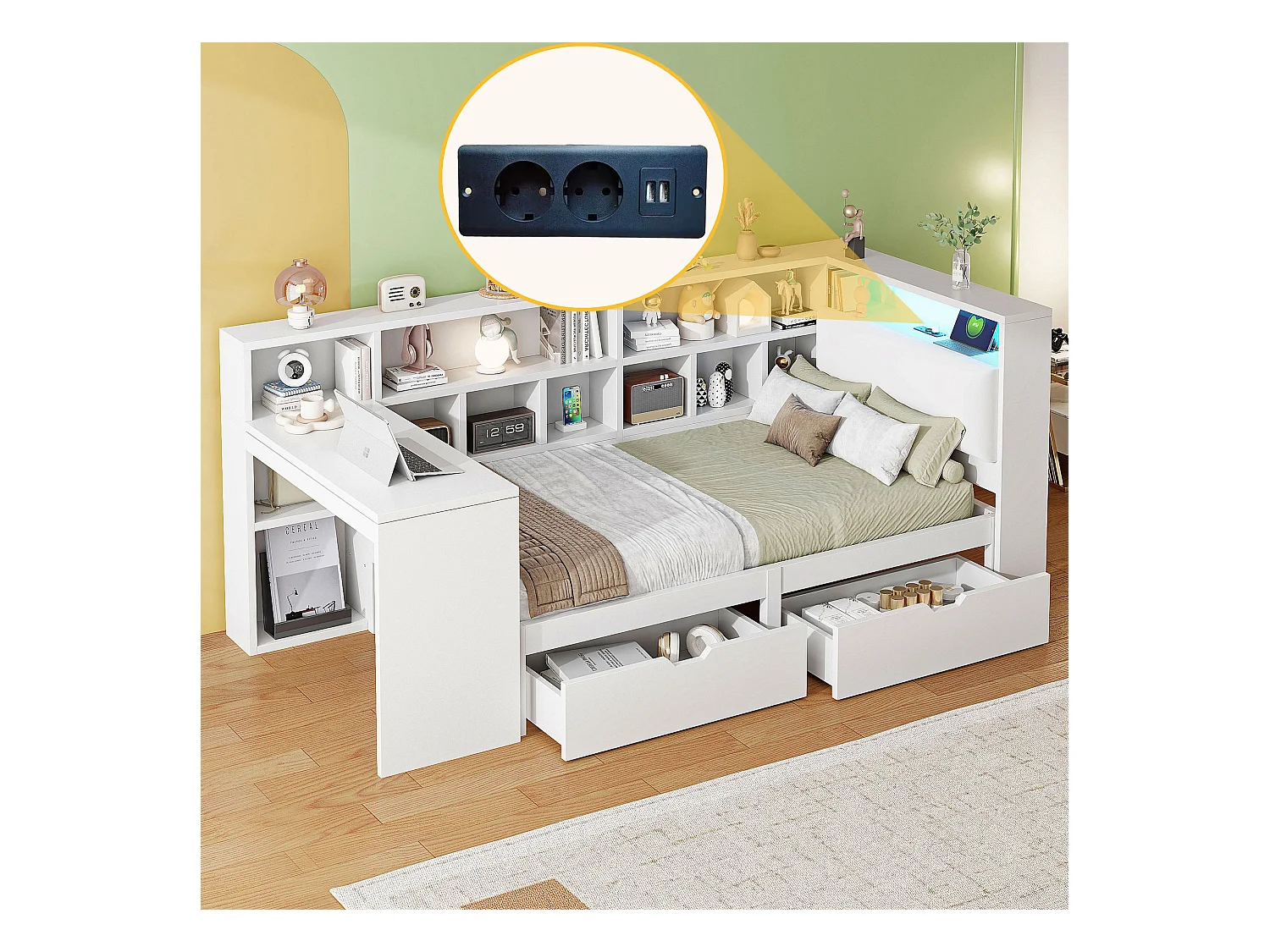 Lit combiné pour enfant - 90 x 200 - avec bureau + bibliothèque + 2 tiroirs + Leds - MDF - blanc