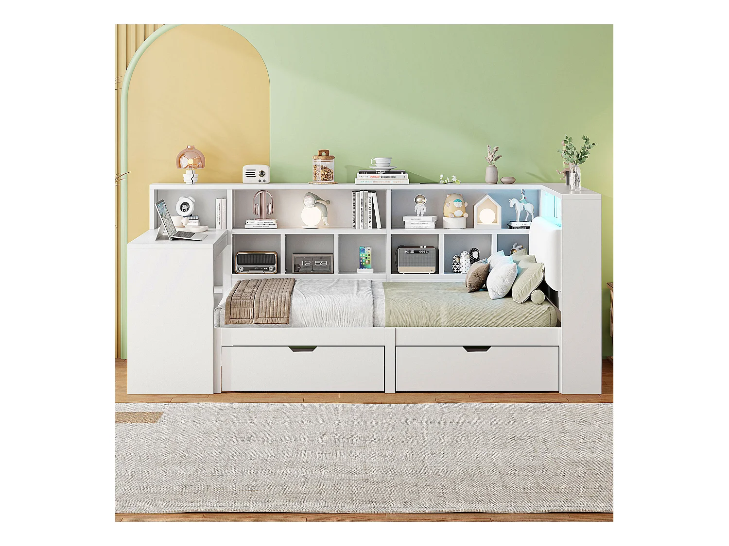 Lit combiné pour enfant - 90 x 200 - avec bureau + bibliothèque + 2 tiroirs + Leds - MDF - blanc