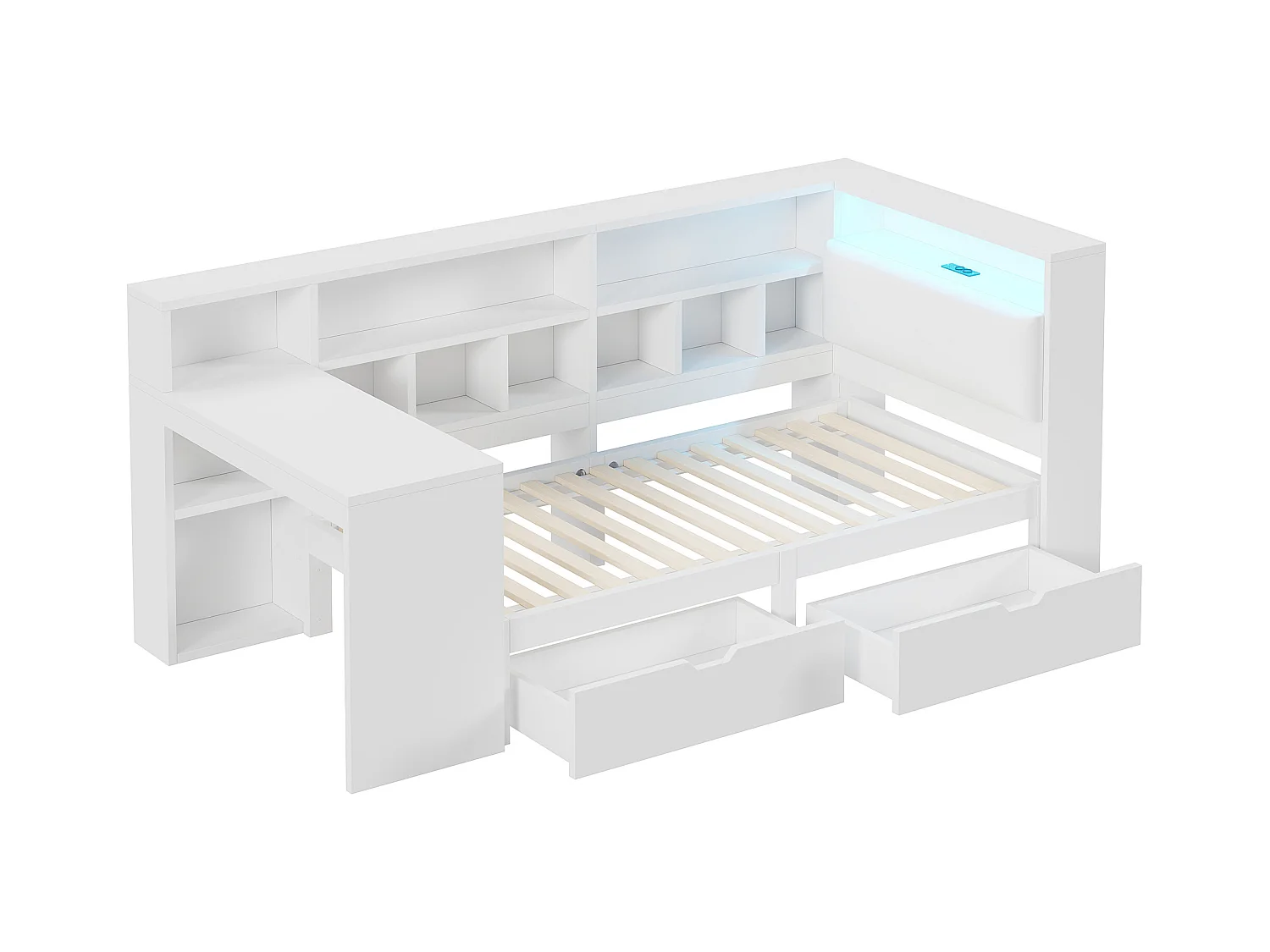 Kinder-Kombibett - 90 x 200 - mit Schreibtisch + Bücherregal + 2 Schubladen + LEDs - MDF - weiß