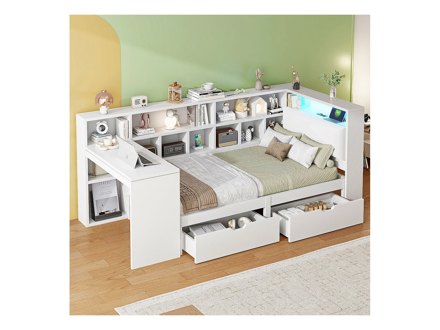 Kinder-Kombibett - 90 x 200 - mit Schreibtisch + Bücherregal + 2 Schubladen + LEDs - MDF - weiß