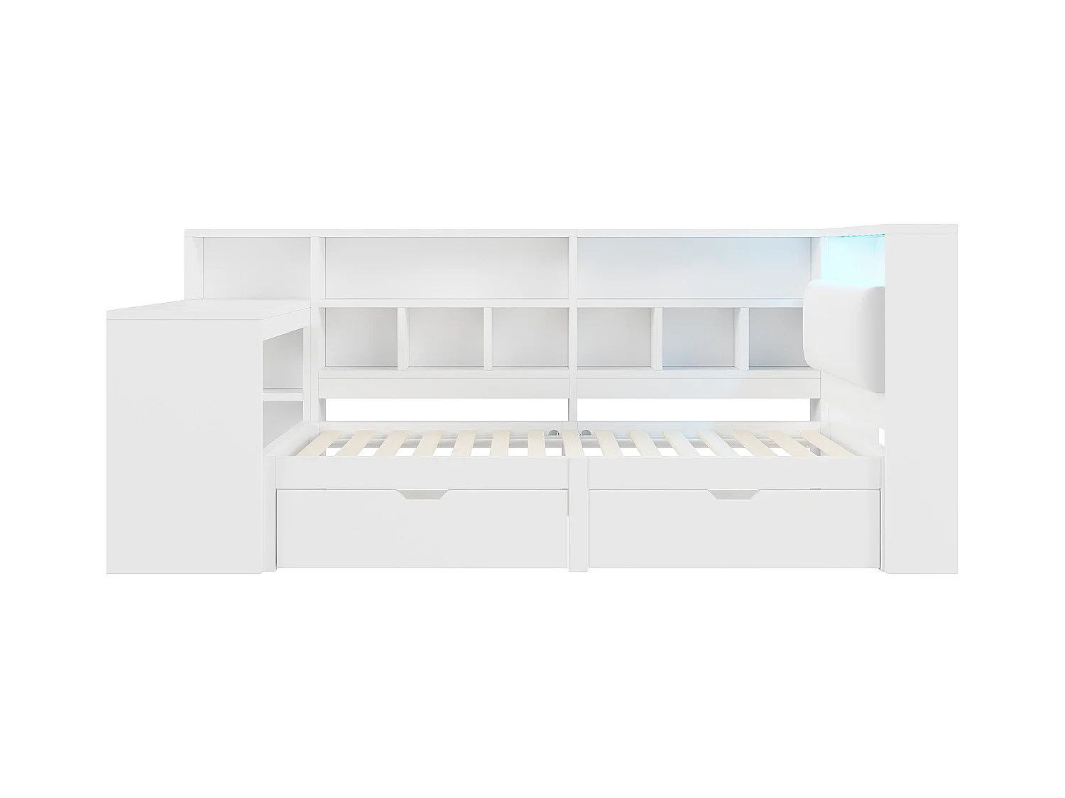 Kinder-Kombibett - 90 x 200 - mit Schreibtisch + Bücherregal + 2 Schubladen + LEDs - MDF - weiß