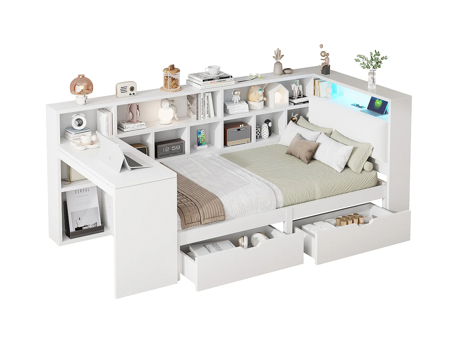 Kinder-Kombibett - 90 x 200 - mit Schreibtisch + Bücherregal + 2 Schubladen + LEDs - MDF - weiß