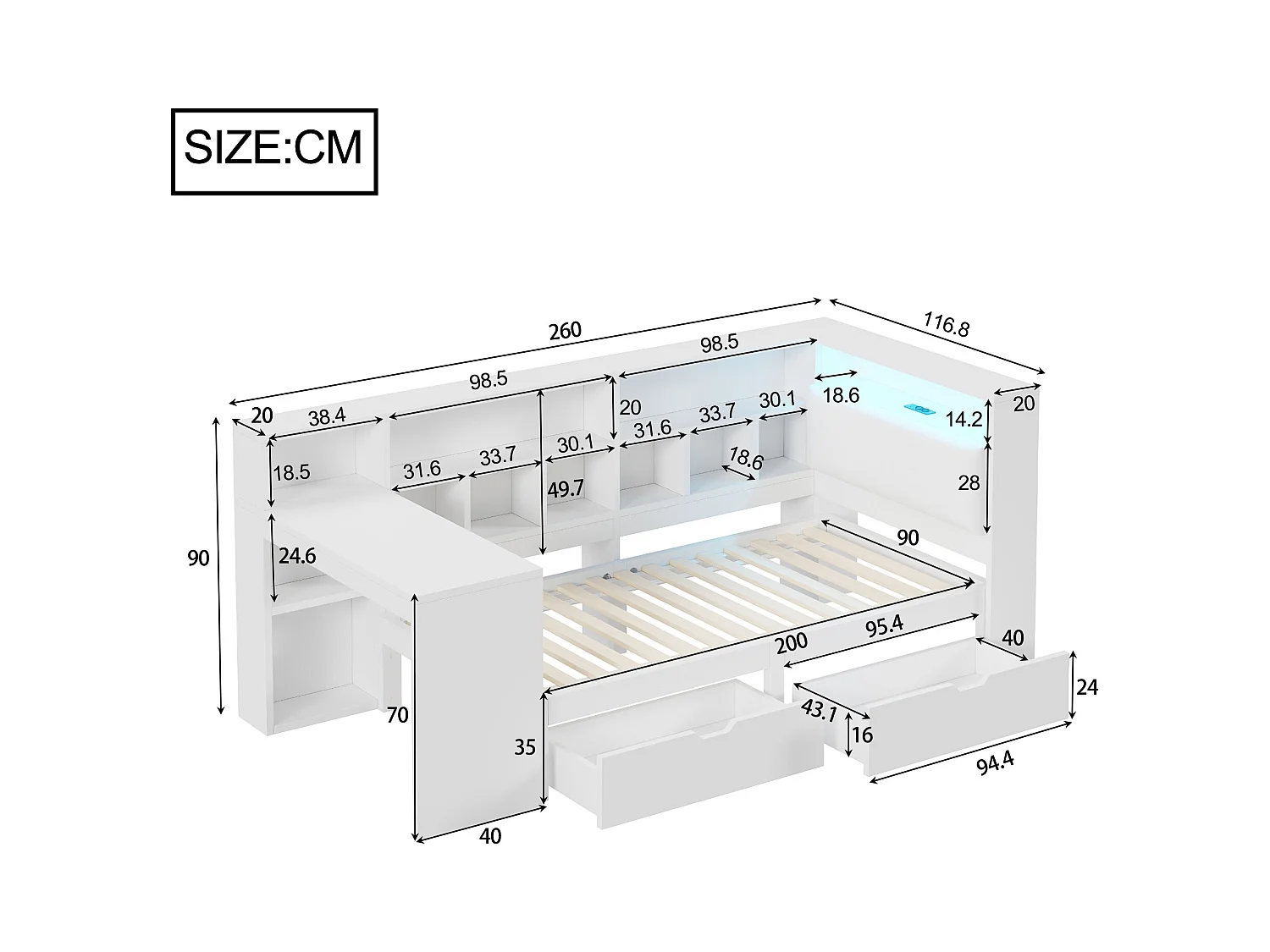 Kinder-Kombibett - 90 x 200 - mit Schreibtisch + Bücherregal + 2 Schubladen + LEDs - MDF - weiß