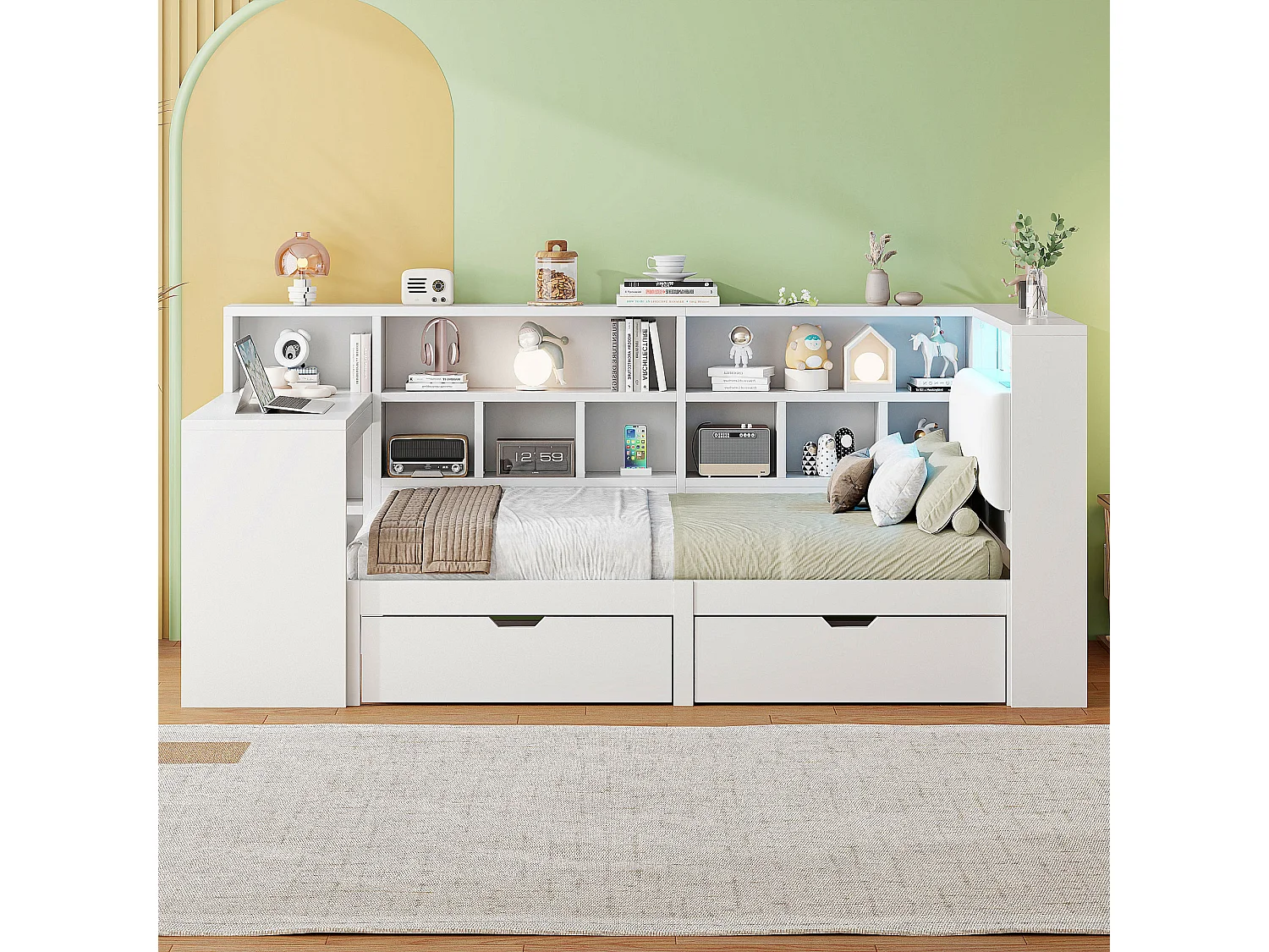 Kinder-Kombibett - 90 x 200 - mit Schreibtisch + Bücherregal + 2 Schubladen + LEDs - MDF - weiß