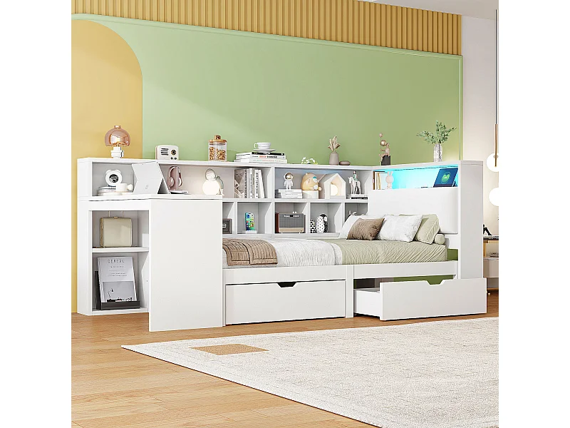 Lit combiné pour enfant - 90 x 200 - avec bureau + bibliothèque + 2 tiroirs + Leds - MDF - blanc