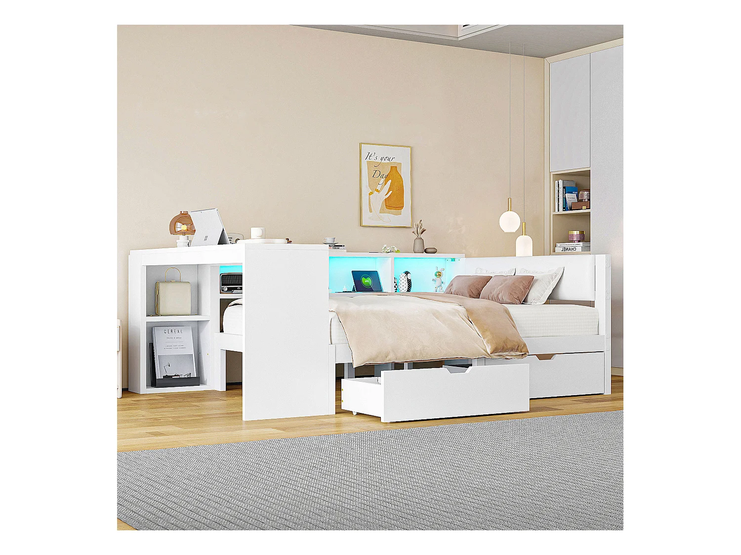 Lit combiné pour enfant - 140 x 200 - avec étagères de rangement + 2 tiroirs + Leds + table - MDF - blanc