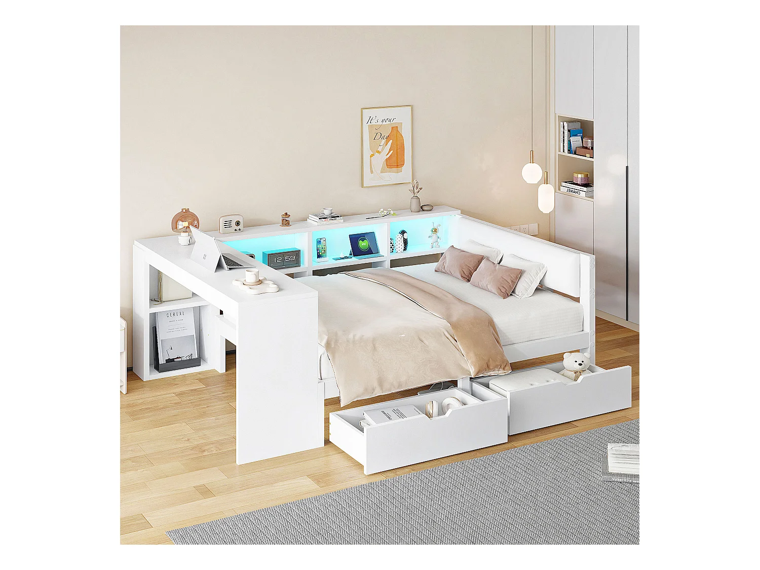 Lit combiné pour enfant - 140 x 200 - avec étagères de rangement + 2 tiroirs + Leds + table - MDF - blanc