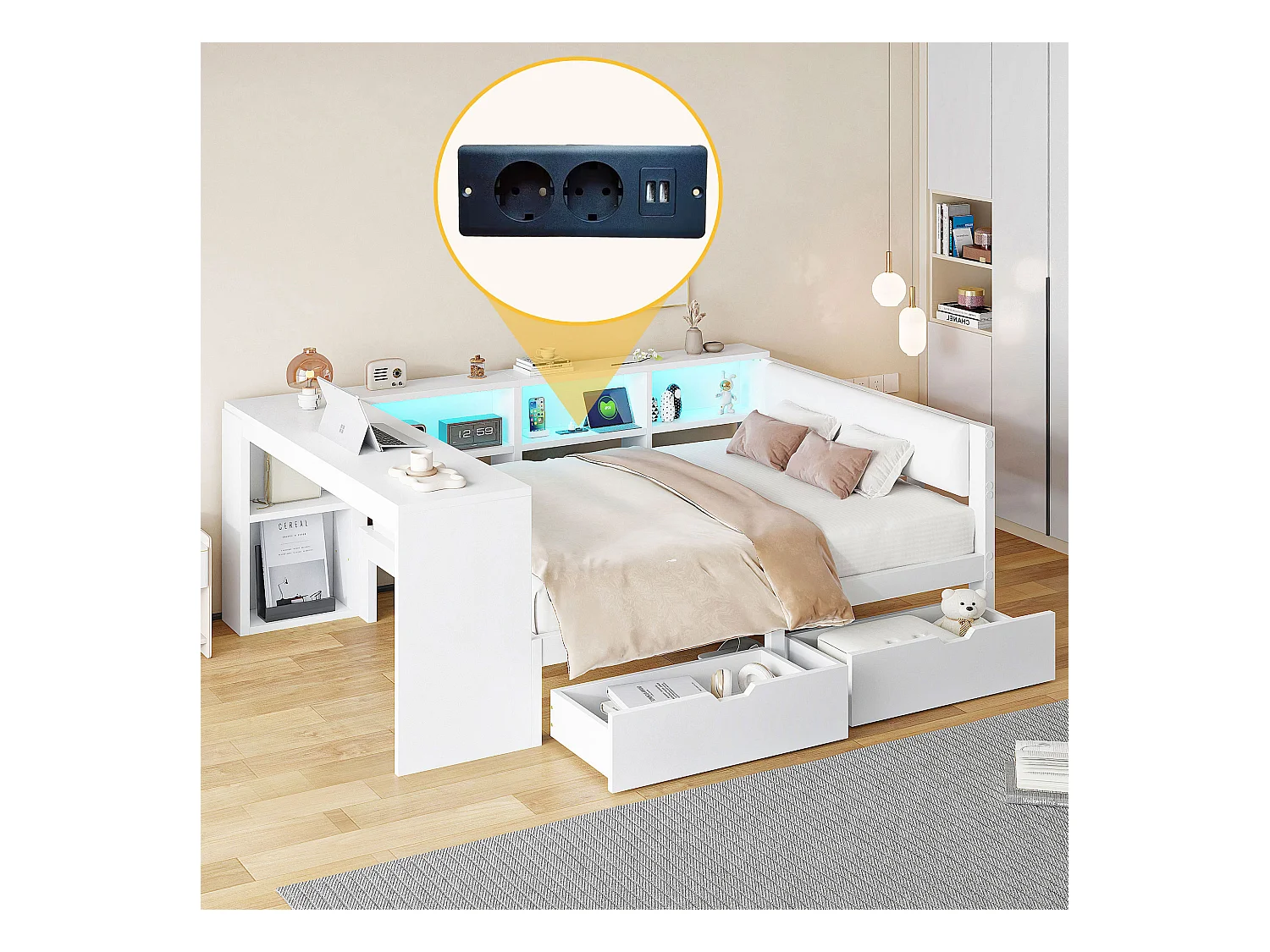 Lit combiné pour enfant - 140 x 200 - avec étagères de rangement + 2 tiroirs + Leds + table - MDF - blanc