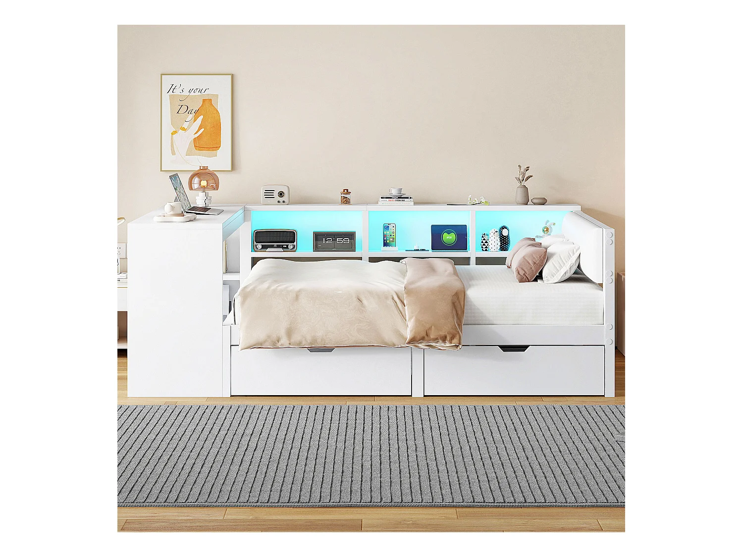 Lit combiné pour enfant - 140 x 200 - avec étagères de rangement + 2 tiroirs + Leds + table - MDF - blanc