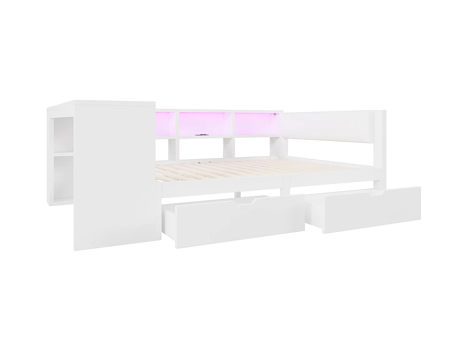 Lit combiné pour enfant - 140 x 200 - avec étagères de rangement + 2 tiroirs + Leds + table - MDF - blanc
