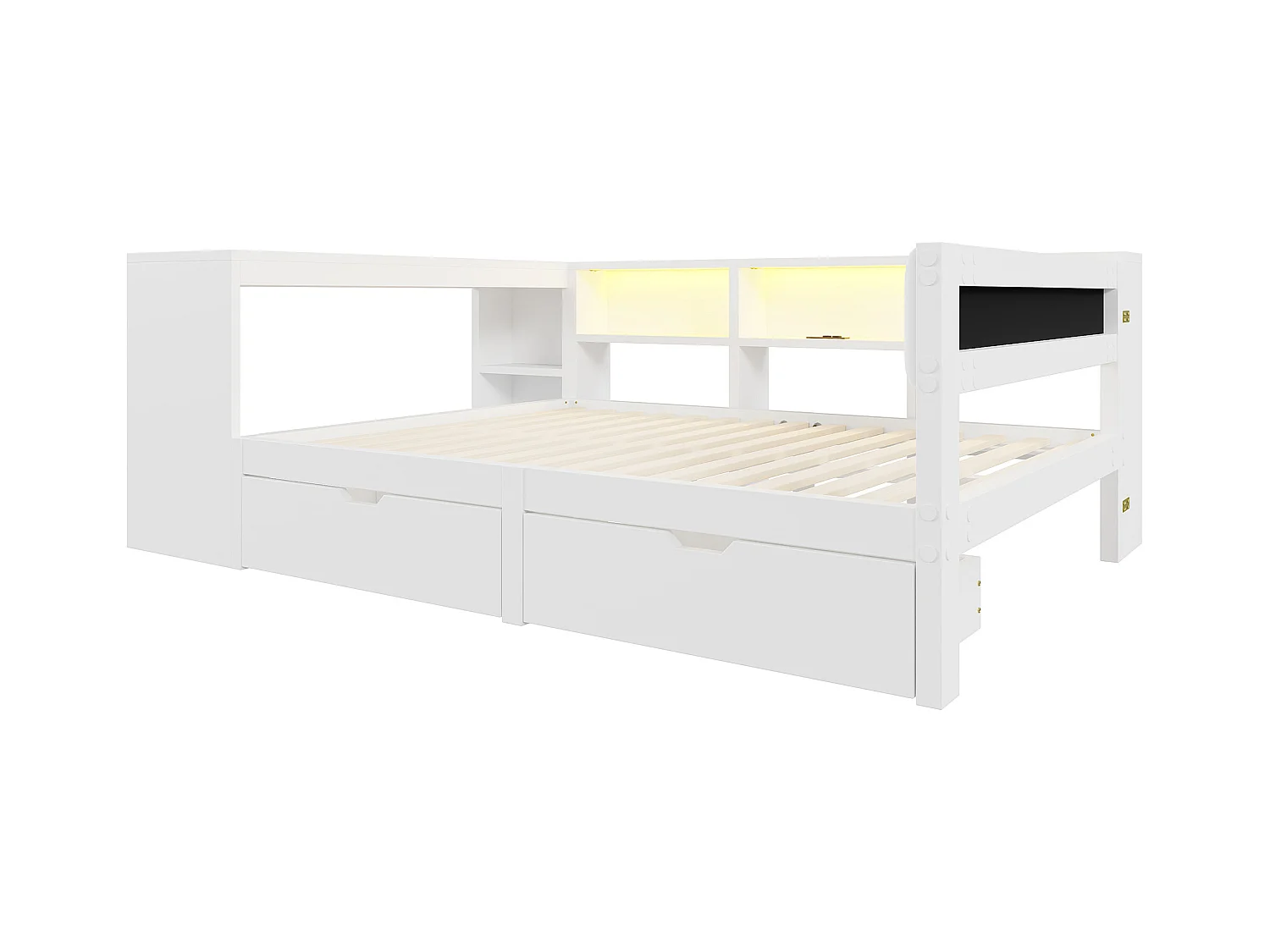Lit combiné pour enfant - 140 x 200 - avec étagères de rangement + 2 tiroirs + Leds + table - MDF - blanc