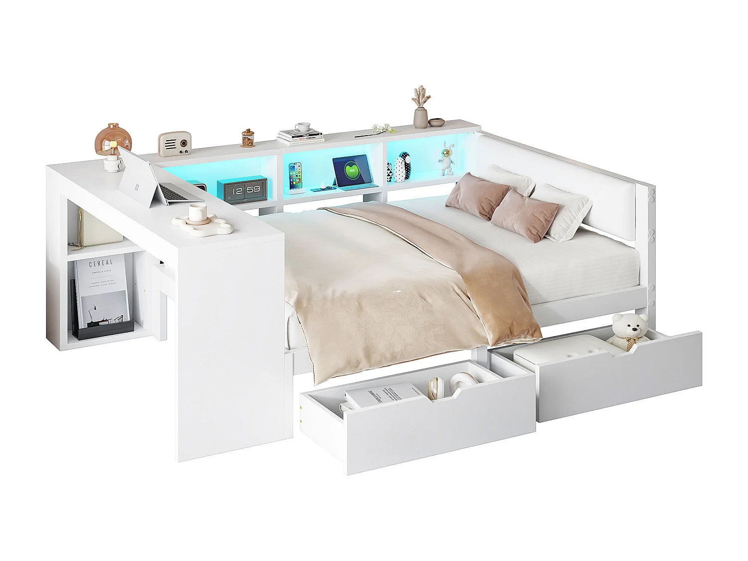 Lit combiné pour enfant - 140 x 200 - avec étagères de rangement + 2 tiroirs + Leds + table - MDF - blanc