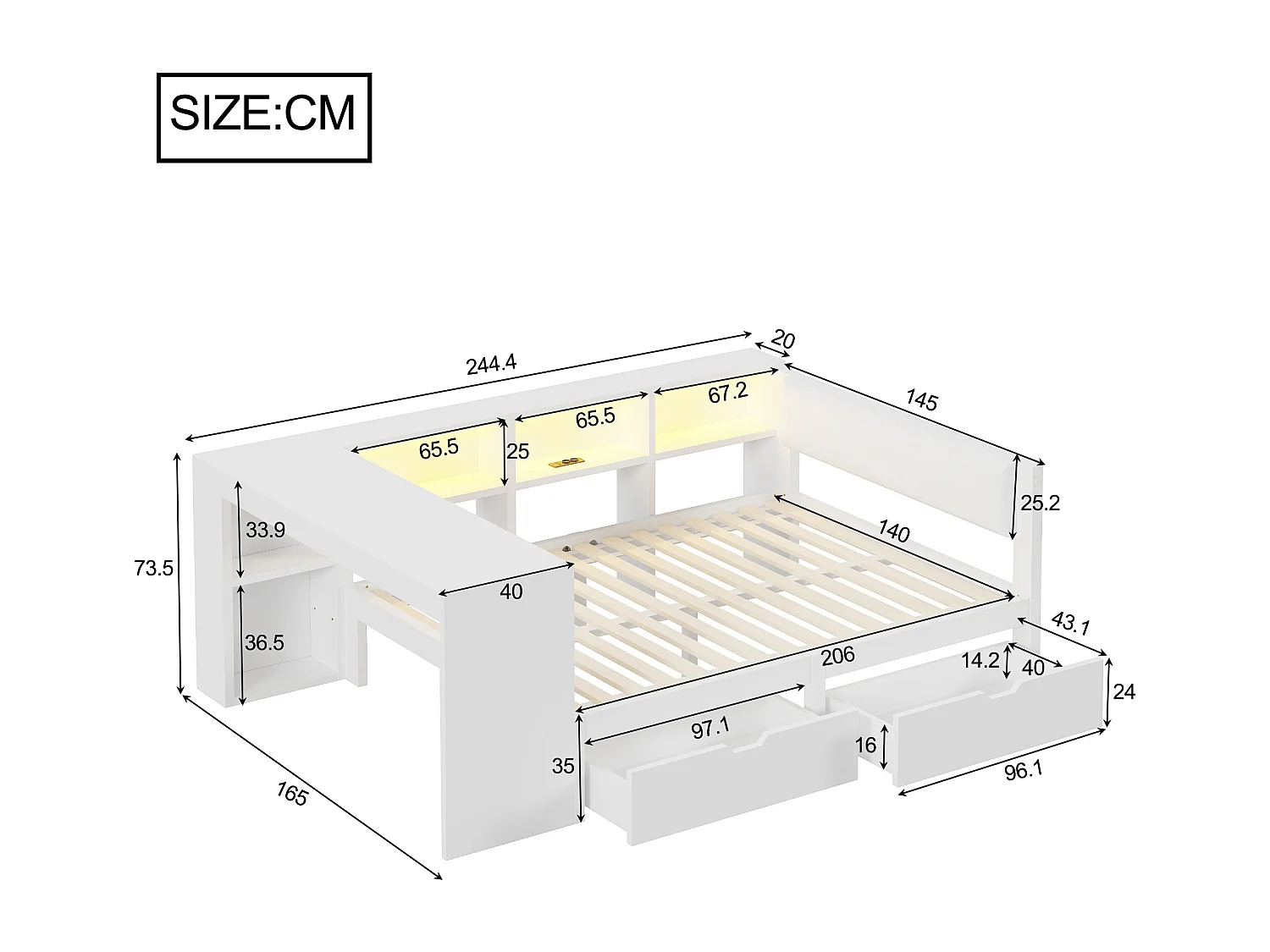 Lit combiné pour enfant - 140 x 200 - avec étagères de rangement + 2 tiroirs + Leds + table - MDF - blanc