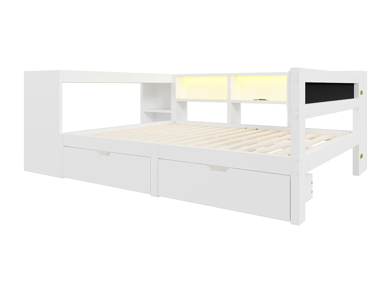 Lit combiné pour enfant - 140 x 200 - avec étagères de rangement + 2 tiroirs + Leds + table - MDF - blanc