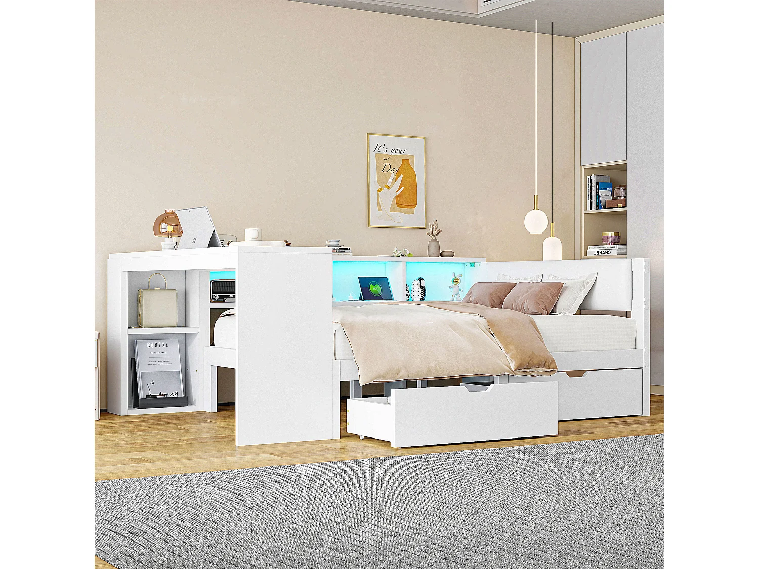 Lit combiné pour enfant - 140 x 200 - avec étagères de rangement + 2 tiroirs + Leds + table - MDF - blanc