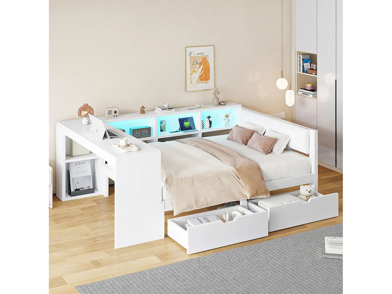 Lit combiné pour enfant - 140 x 200 - avec étagères de rangement + 2 tiroirs + Leds + table - MDF - blanc