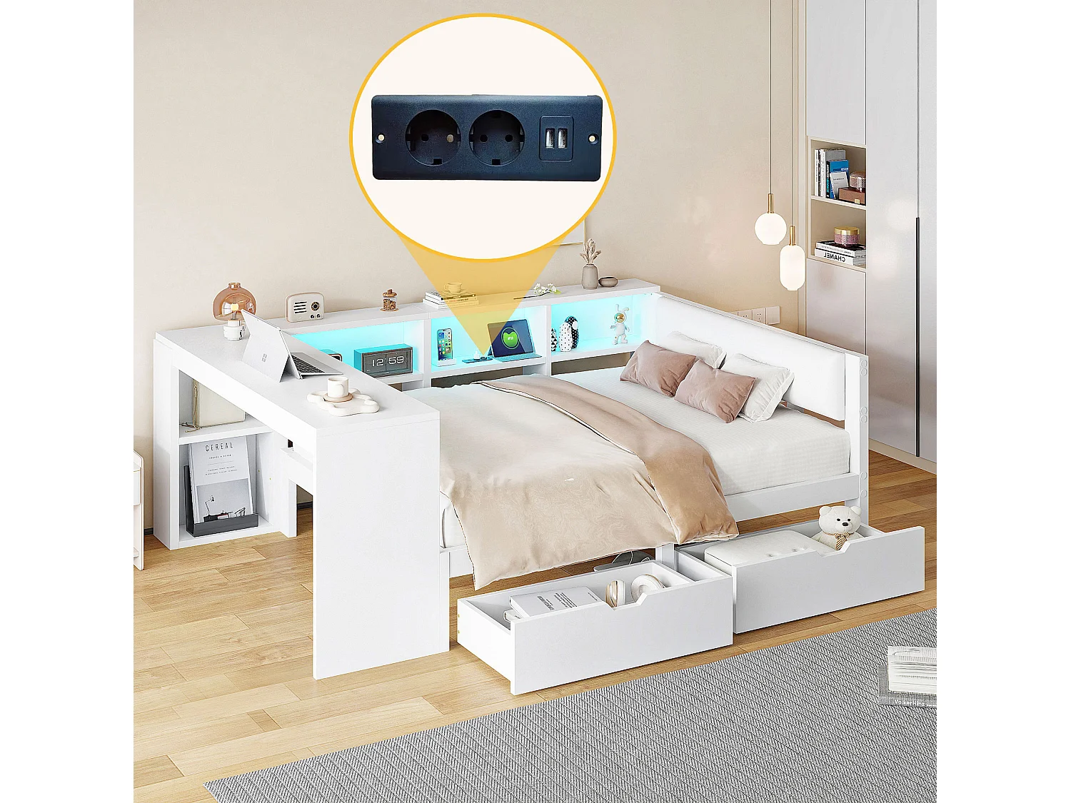 Lit combiné pour enfant - 140 x 200 - avec étagères de rangement + 2 tiroirs + Leds + table - MDF - blanc