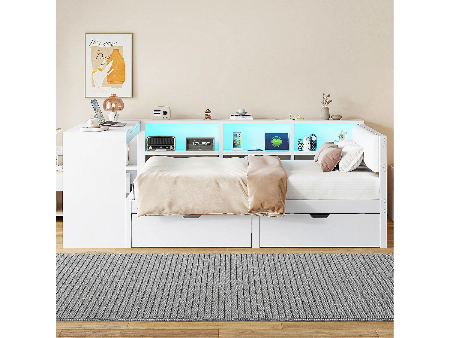 Lit combiné pour enfant - 140 x 200 - avec étagères de rangement + 2 tiroirs + Leds + table - MDF - blanc