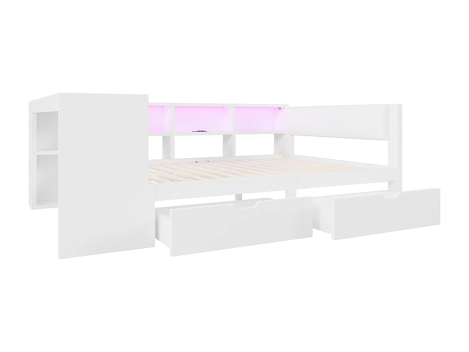 Lit combiné pour enfant - 140 x 200 - avec étagères de rangement + 2 tiroirs + Leds + table - MDF - blanc
