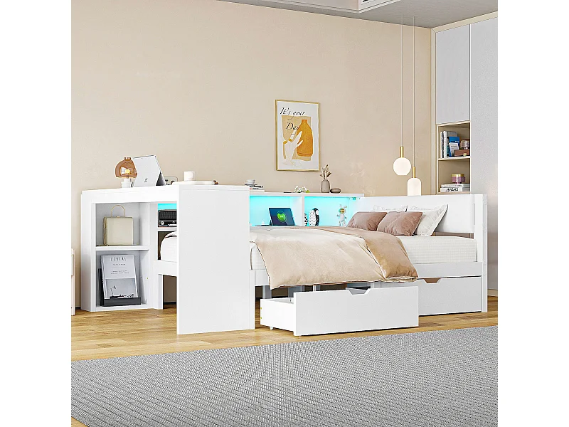 Lit combiné pour enfant - 140 x 200 - avec étagères de rangement + 2 tiroirs + Leds + table - MDF - blanc
