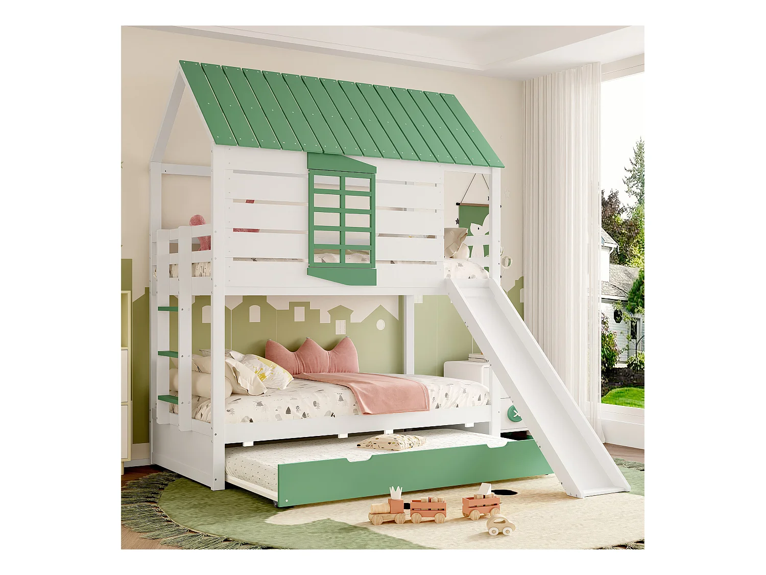 Lit superposés enfant - 2 x 90 x 200 cm + 90 x 190 cm - avec toboggan + lit gigogne - MDF + pin - vert