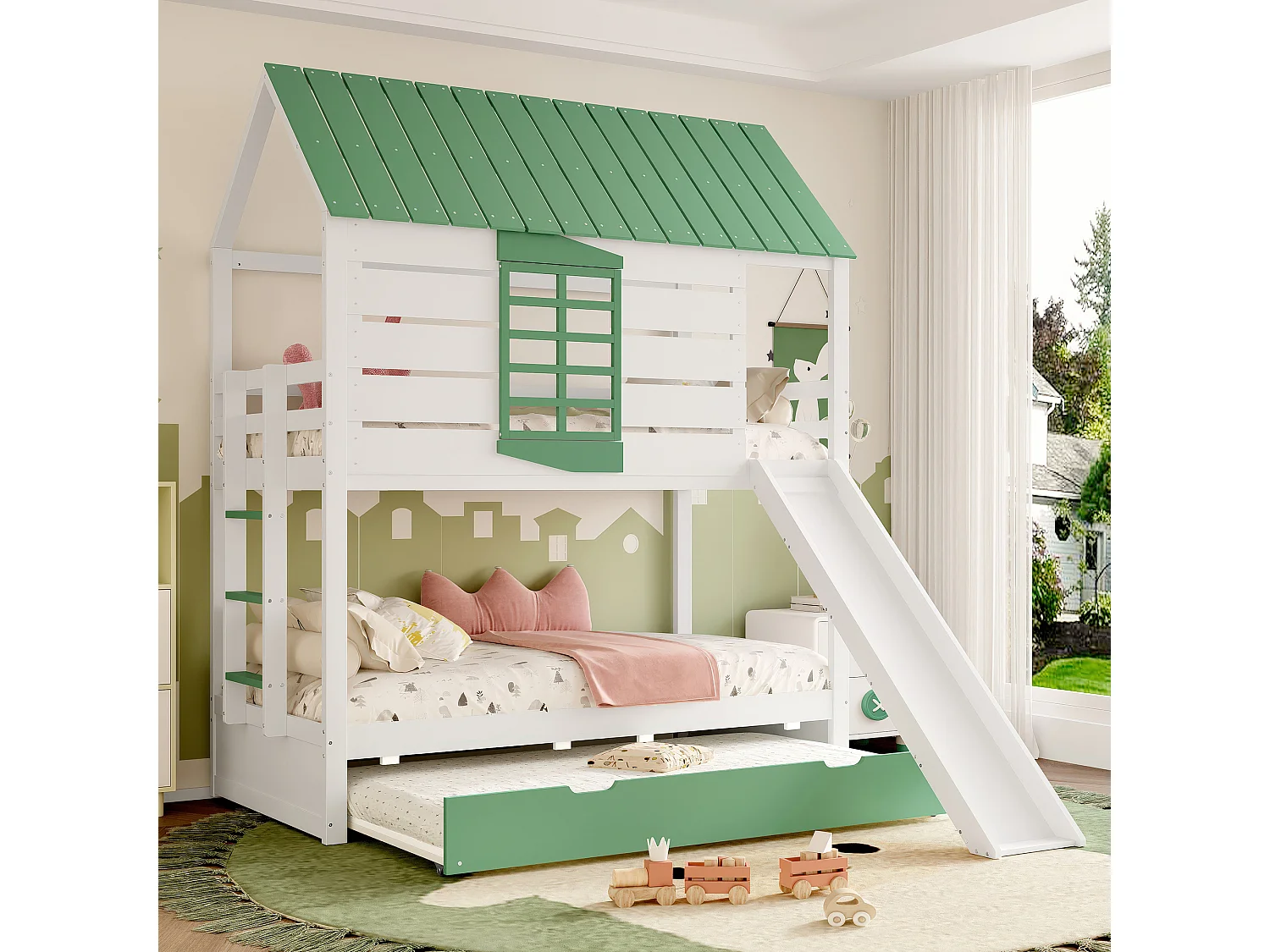 Letto a castello per bambini - 2 x 90 x 200 cm + 90 x 190 cm - con scivolo + letto estraibile - MDF + pino - verde
