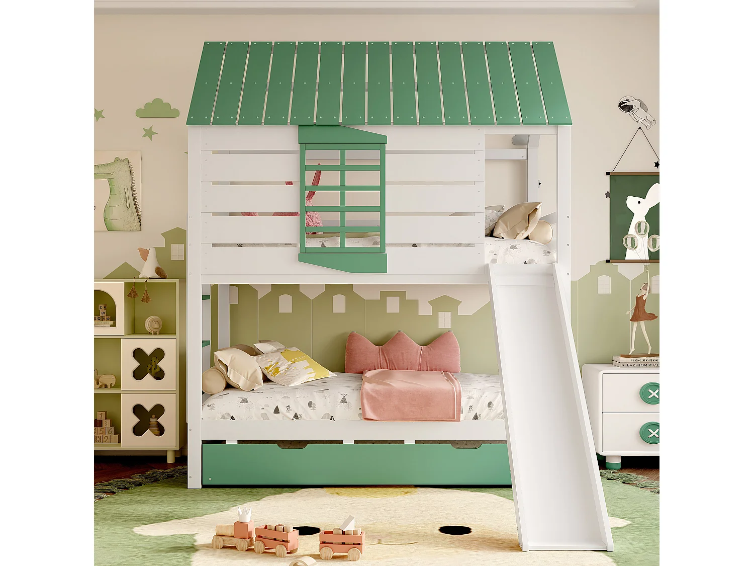 Letto a castello per bambini - 2 x 90 x 200 cm + 90 x 190 cm - con scivolo + letto estraibile - MDF + pino - verde