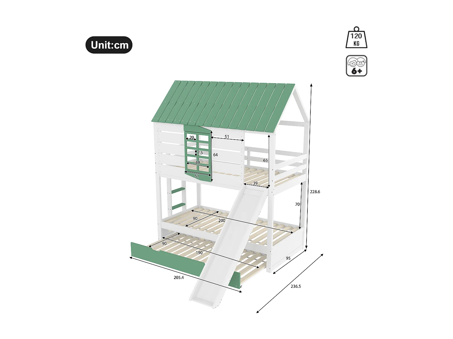 Letto a castello per bambini - 2 x 90 x 200 cm + 90 x 190 cm - con scivolo + letto estraibile - MDF + pino - verde