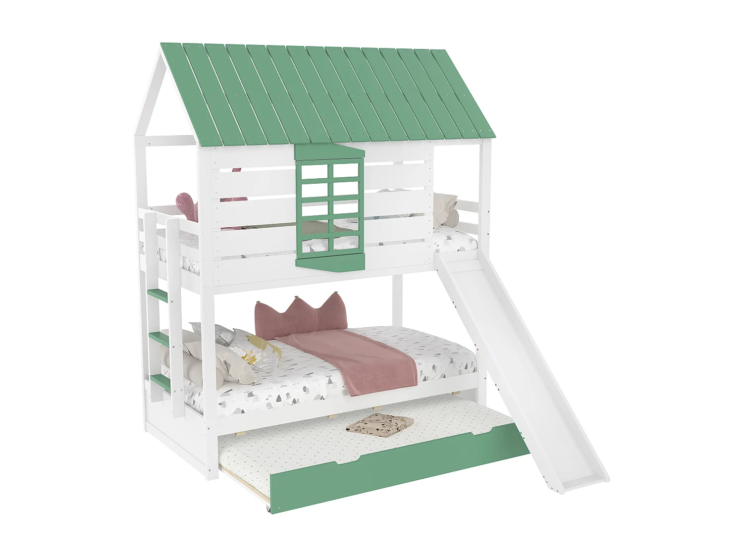 Letto a castello per bambini - 2 x 90 x 200 cm + 90 x 190 cm - con scivolo + letto estraibile - MDF + pino - verde