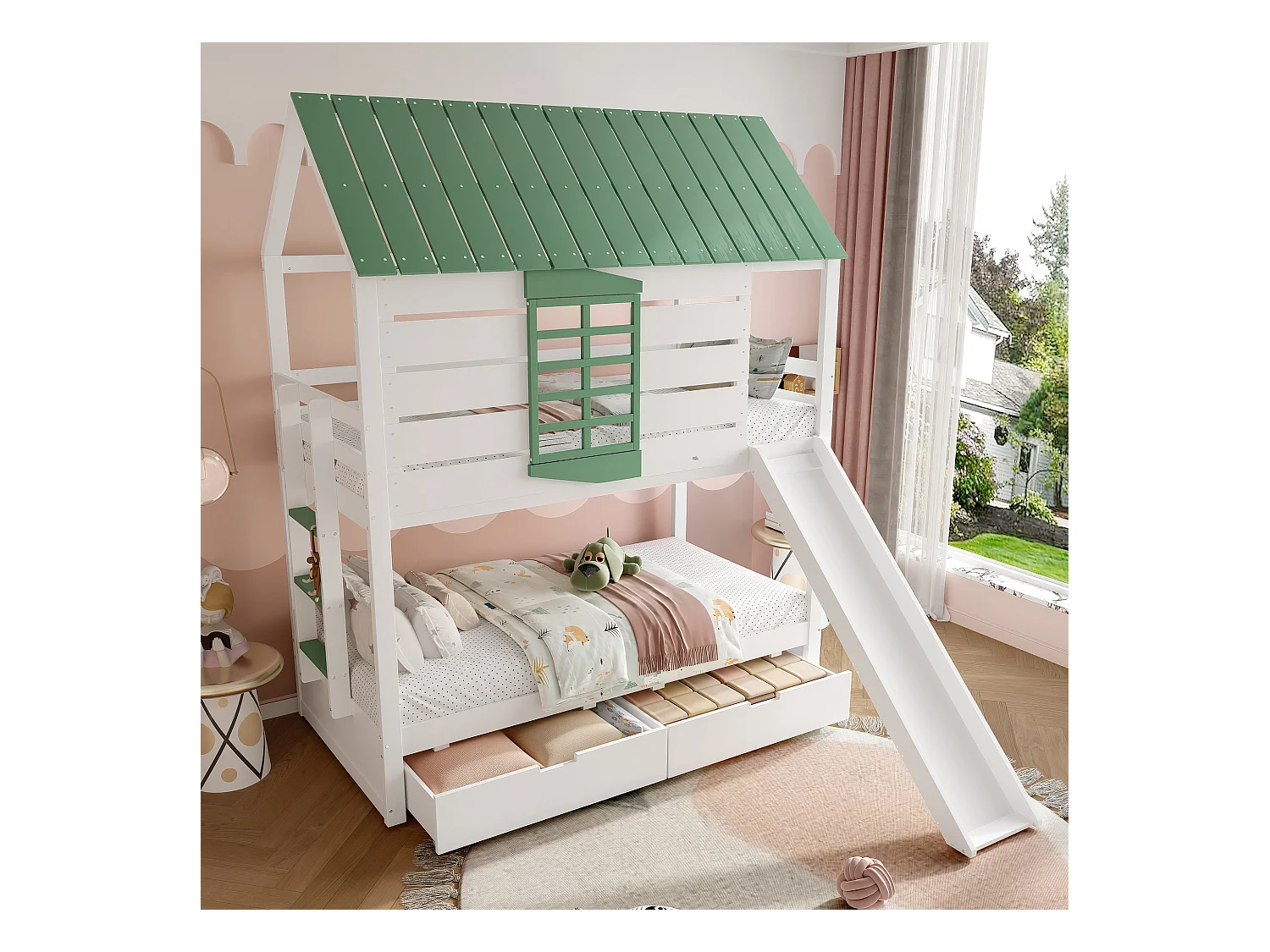 Kinderstapelbed - 2 x 90 x 200 cm - met glijbaan + 2 lades - MDF + grenen - wit + groen