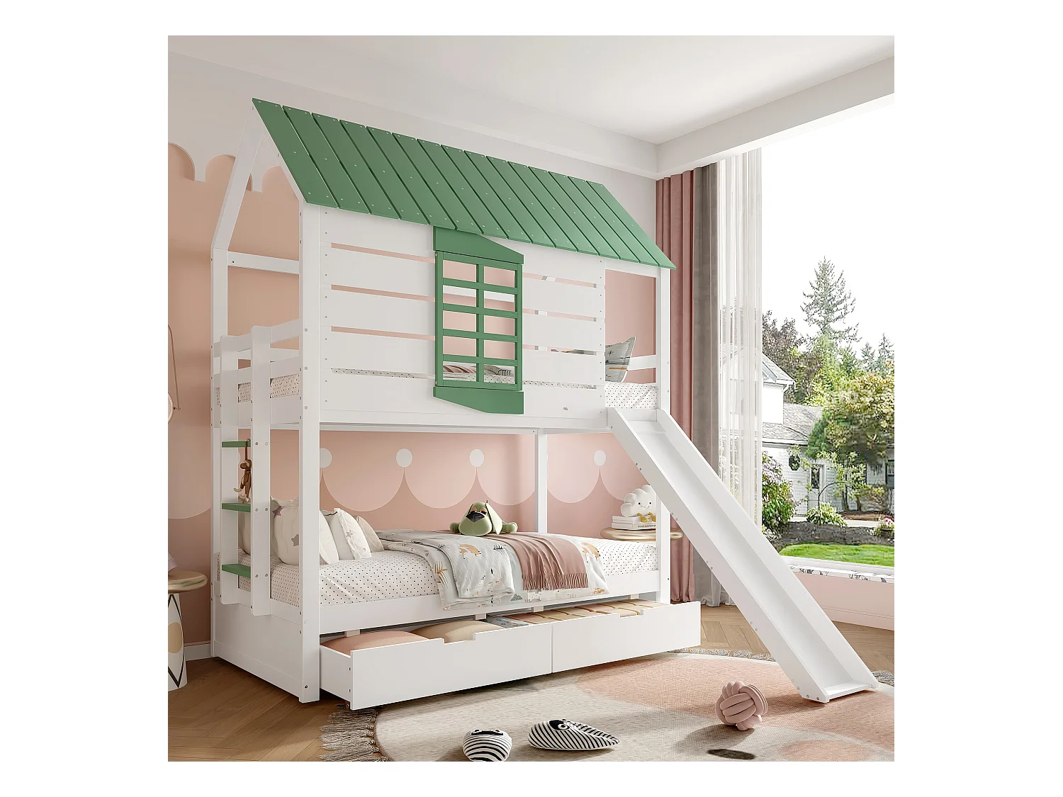 Lit superposés pour enfant - 2 x 90 x 200 cm - avec toboggan + 2 tiroirs - MDF + pin - blanc + vert