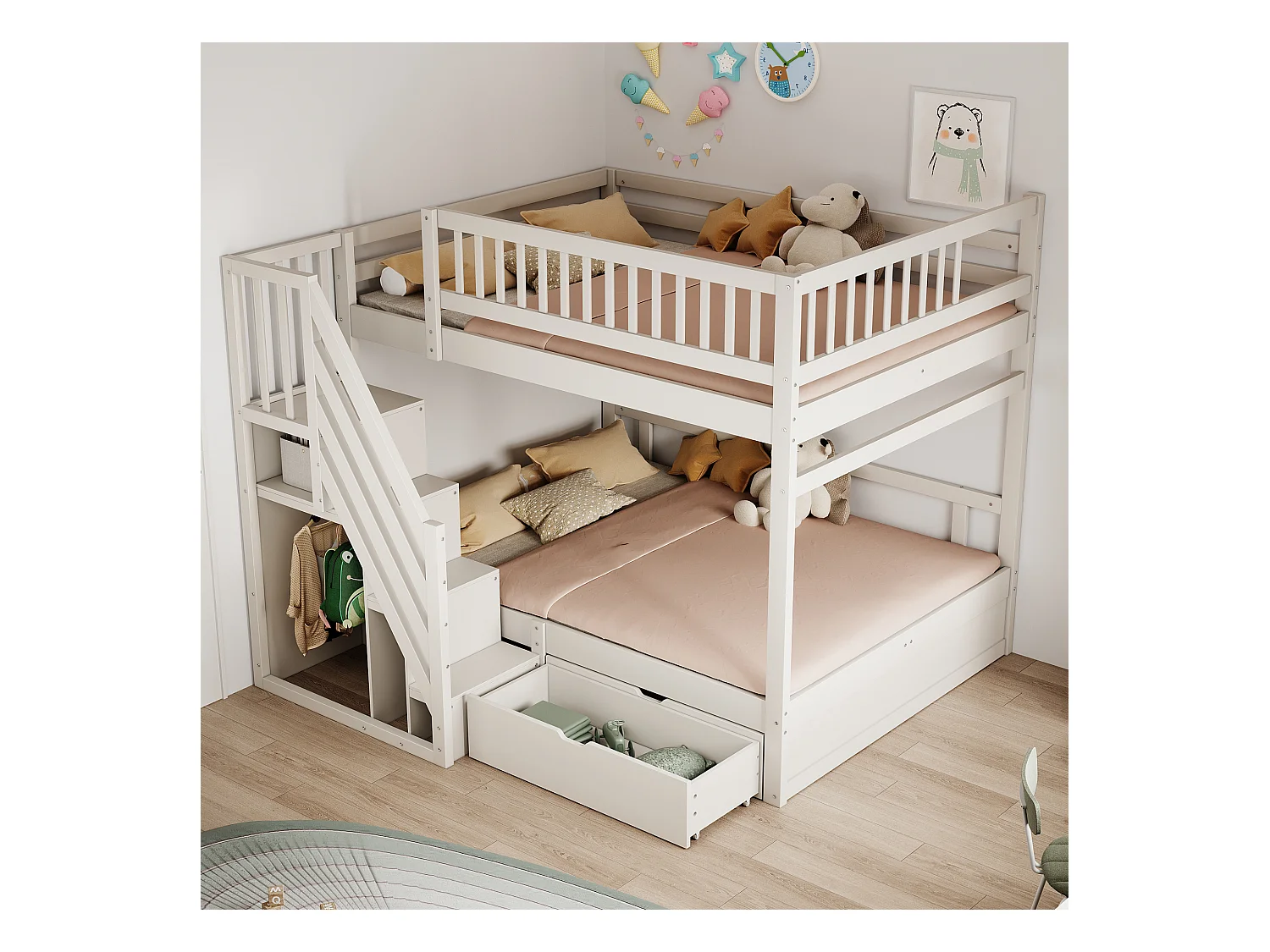 Lit superposés pour enfant - 2 x 140 x 200 cm - avec 1 tiroir + rangements d'escalier - bois + MDF - blanc