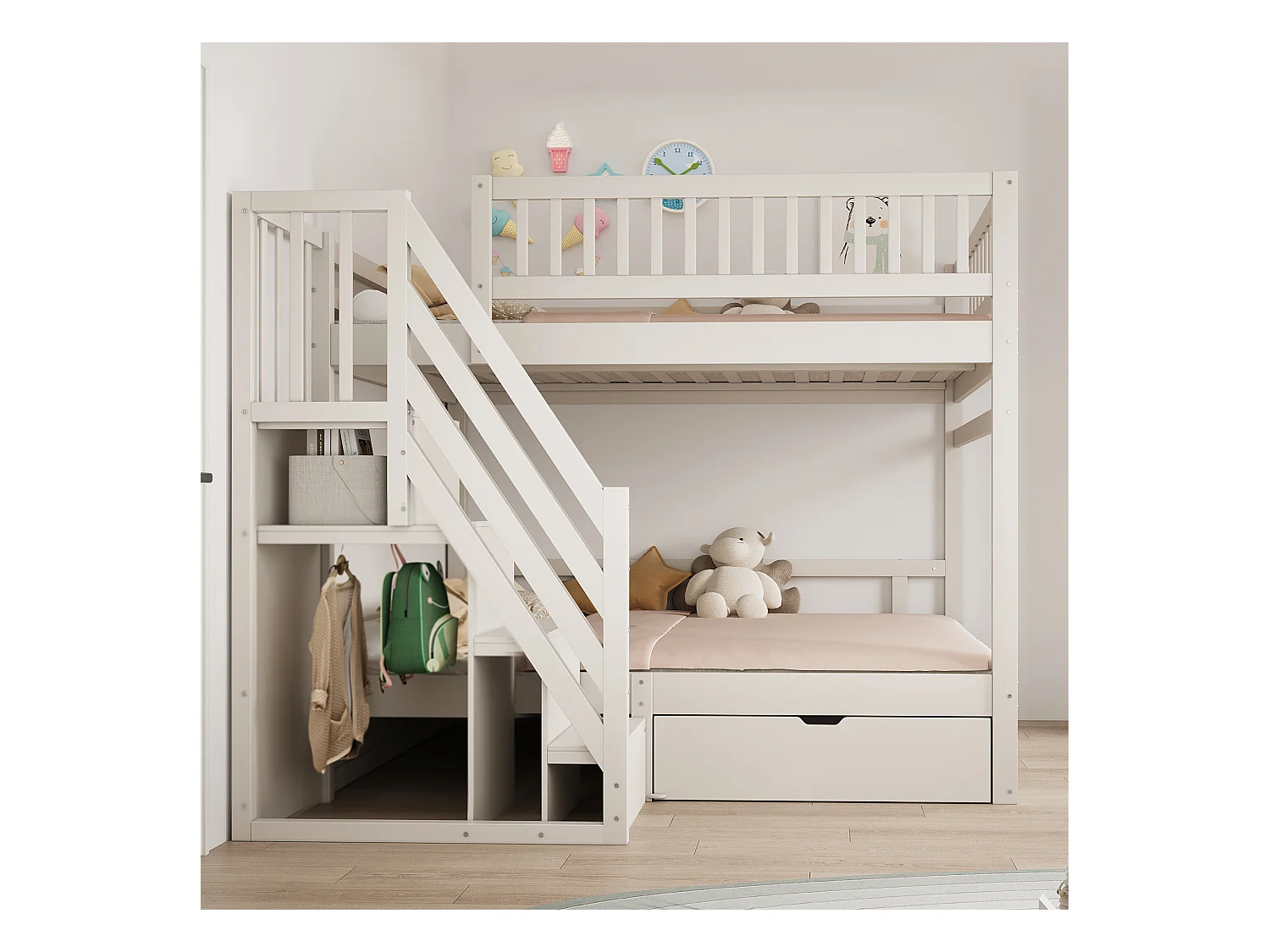 Lit superposés pour enfant - 2 x 140 x 200 cm - avec 1 tiroir + rangements d'escalier - bois + MDF - blanc